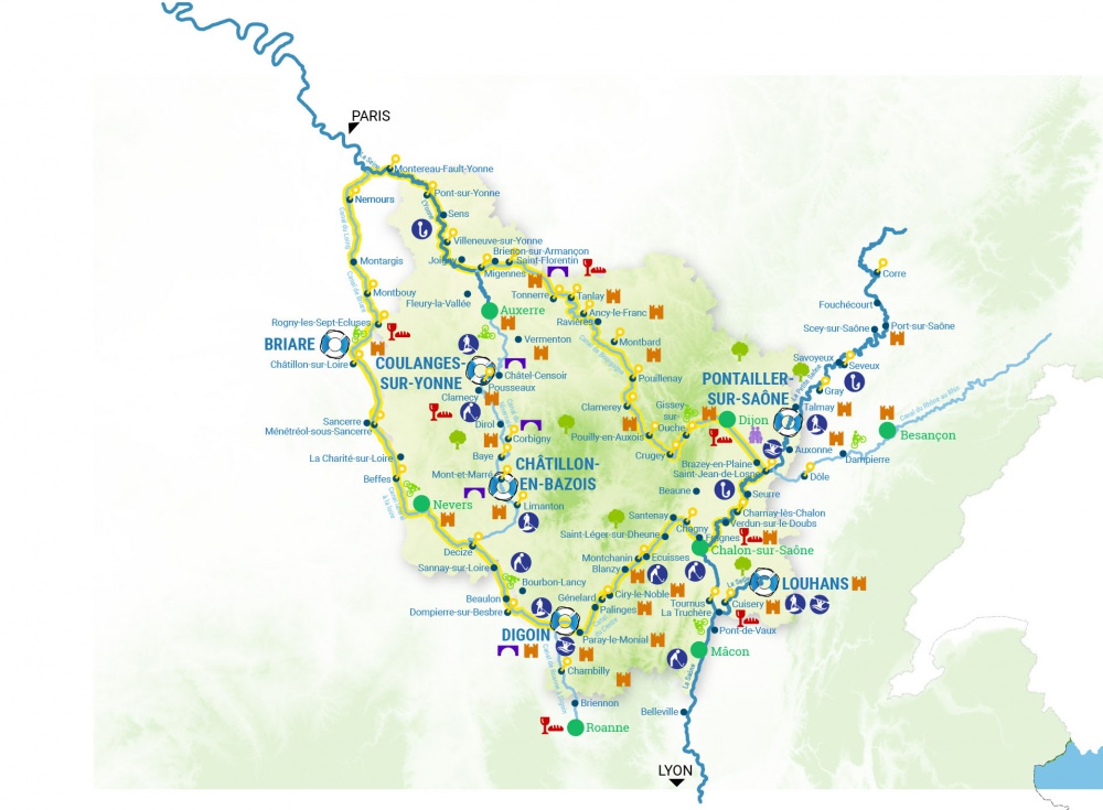 Parcours navigable en bourgogne pour une croisière fluviale en bateau de location sans permis au départ de Coulanges sur Yonne, Chatillon en Bazois, Digoin, Pontailler sur saône, Louhans, Tonnerre