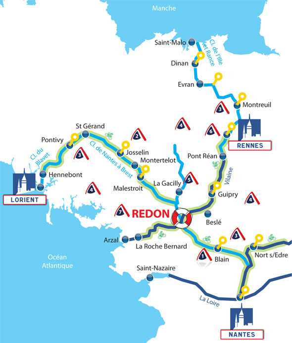 Parcours navigable lors d'une croisière fluviale en bateau de location sans permis en Bretagne au départ de Redon