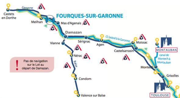 Parcours navigable au départ de Fourques sur Garonne pour une croisière fluviale sur la baise ou le canal latéral à la garonne
